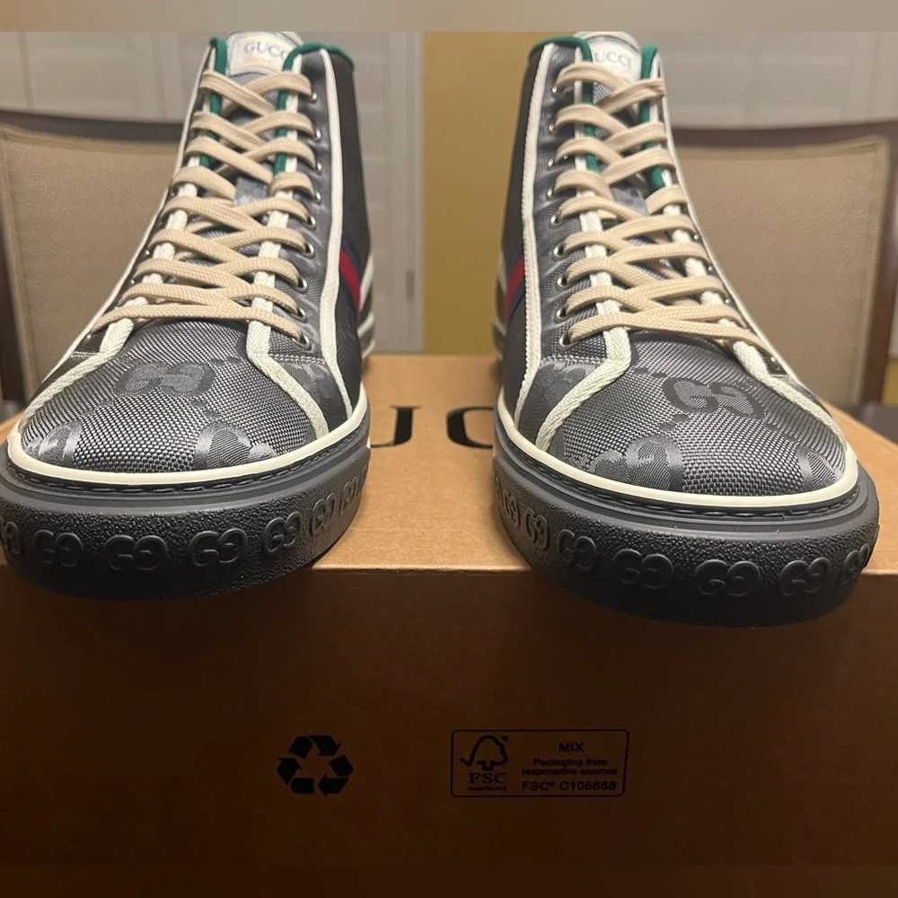 New Gucci Tennis 1977 GG Supreme Logo Gray High Sneaker Shoes UK 13 / US 13.5 - Picture 9 of 16